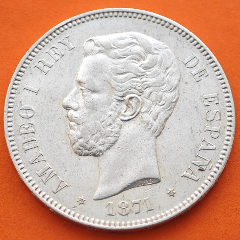@PRECIOSA@ ESPAÑA 5 PESETAS 1871 * 18 71 SDM REY AMADEO I DE SABOYA y ESCUDO KM.666 MONEDA DE PLATA (DURO) Spain silver R/5