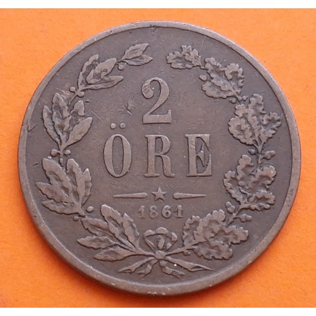 SUECIA 2 ORE 1861 VALOR y CORONAS del Rey CARL XV KM.706 MONEDA DE BRONCE MBC- @ESCASA@ Sweden
