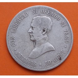 URUGUAY 20 CENTESIMOS 1920 ARTIGAS KM.24 MONEDA DE PLATA MUY CIRCULADA 20 Centimos silver coin