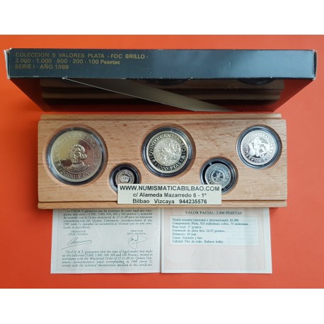 ESPAÑA V CENTENARIO 100+200+500+1000+2000 PESETAS 1989 PLATA FDC 1ª SERIE 5 VALORES QUINTO ESTUCHE y CERTIFICADO