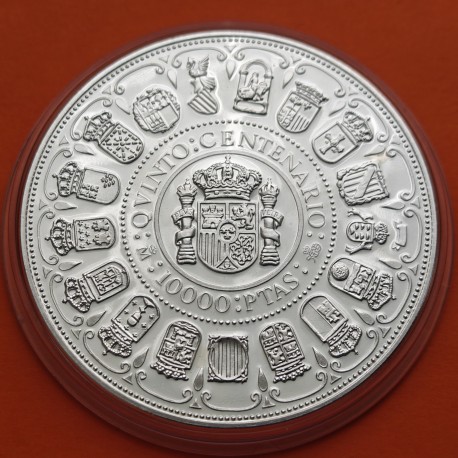 . 1 moneda + CÁPSULA + CERTIFICADO x España 10000 PESETAS 1989 V CENTENARIO Cincuentin PLATA PURA 5 Onzas NO ESTUCHE
