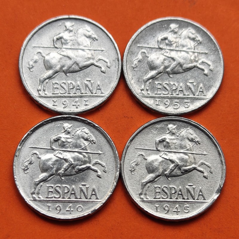 . @PVP NUEVAS 180€@ 4 monedas x ESPAÑA 5 CENTIMOS 1940 + 1941 + 1945 + 1953 (RARA) JINETE ALUMINIO Estado Español Franco