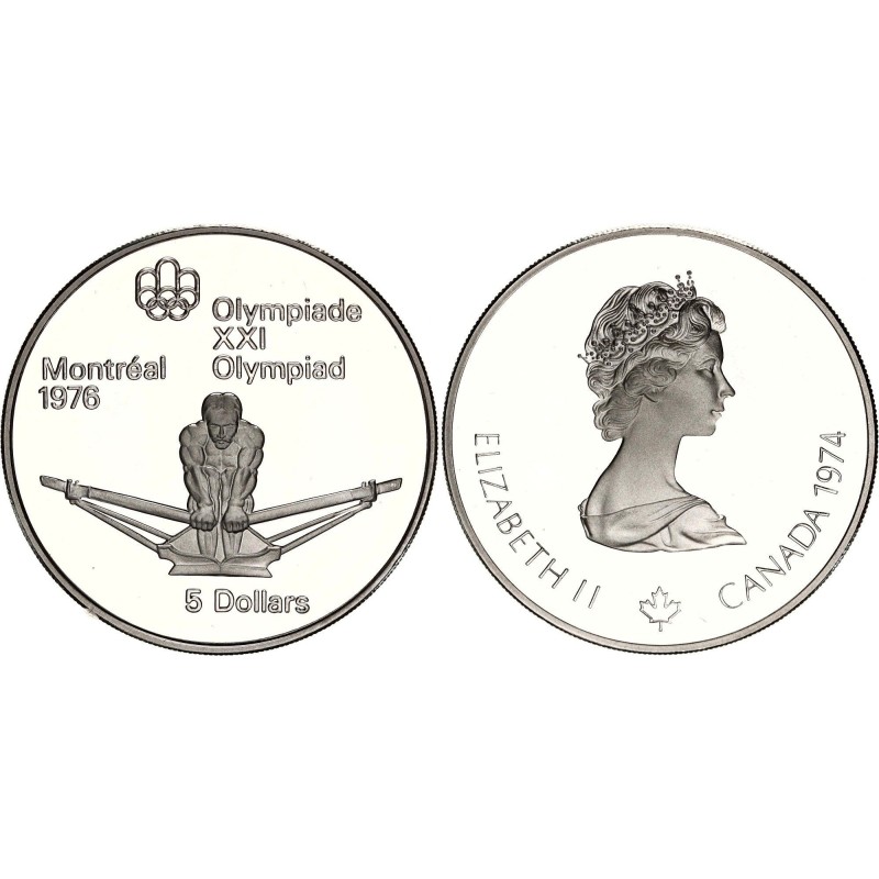 CANADA 5 DOLARES 1974 REMO XXI OLIMPIADA DE MONTREAL 1976 KM.91 MONEDA DE PLATA PROOF Rowing 0,72 ONZAS