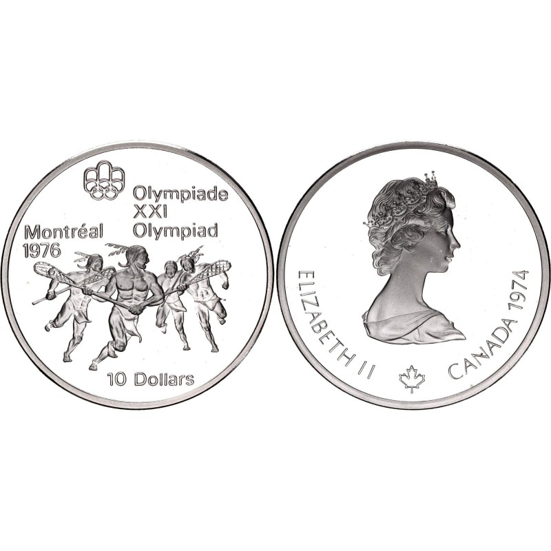 CANADA 10 DOLARES 1974 OLIMPIADA MONTREAL 1976 INDIOS JUGANDO AL LACROSSE KM.96 MONEDA DE PLATA SC 10 Dollars 1,45 ONZAS
