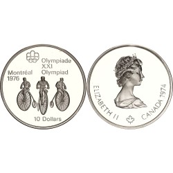 CANADA 10 DOLARES 1974 BICICLETAS ANTIGUAS OLIMPIADA MONTREAL 1976 KM.95 MONEDA DE PLATA @PROOF@ 10 Dollars Cycling