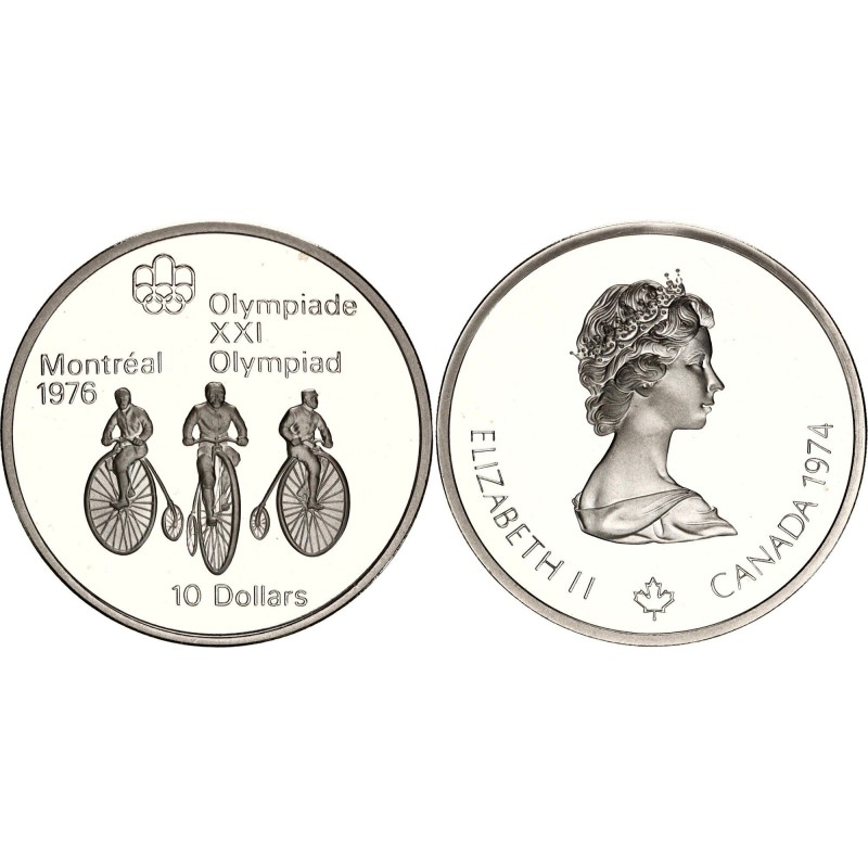 CANADA 10 DOLARES 1974 BICICLETAS ANTIGUAS OLIMPIADA MONTREAL 1976 KM.95 MONEDA DE PLATA @PROOF@ 10 Dollars Cycling