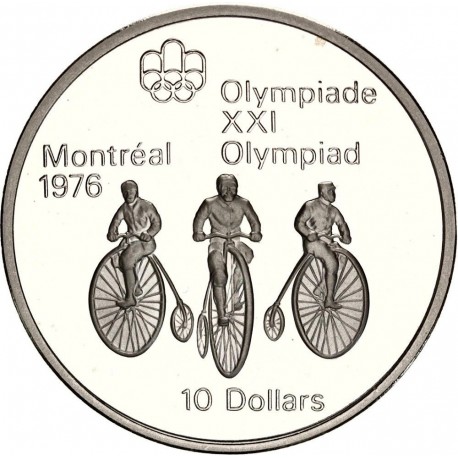 CANADA 10 DOLARES 1974 BICICLETAS ANTIGUAS OLIMPIADA MONTREAL 1976 KM.95 MONEDA DE PLATA @PROOF@ 10 Dollars Cycling