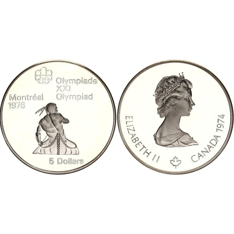 CANADA 5 DOLARES 1974 XXI OLIMPIADA DE MONTREAL 76 INDIO EN CANOA KM.92 MONEDA DE PLATA PROOF Canoeing