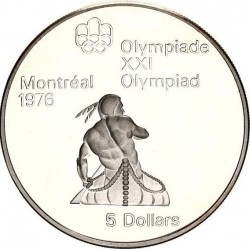 CANADA 5 DOLARES 1974 XXI OLIMPIADA DE MONTREAL 76 INDIO EN CANOA KM.92 MONEDA DE PLATA SC Canoeing