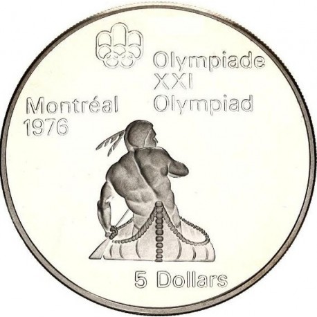 CANADA 5 DOLARES 1974 XXI OLIMPIADA DE MONTREAL 76 INDIO EN CANOA KM.92 MONEDA DE PLATA SC Canoeing