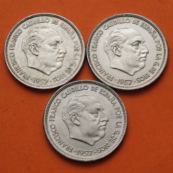 . 3 Monedas EBC/SC- x España 25 PESETAS 1957 * 64 + 65 + 67 ESTADO ESPAÑOL FRANCISCO FRANCO PLUS ULTRA VISIBLES % KM.787 NICKEL