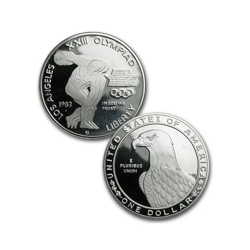 . 2 monedas PROOF x ESTADOS UNIDOS 1 DOLAR 1983 S DISCOBOLO + 1984 S PODIO OLIMPIADA LOS ANGELES 1984 PLATA