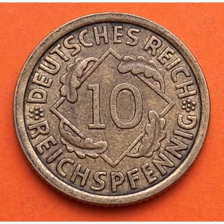 @ESCASA@ ALEMANIA 10 REICHSPFENNIG 1933 J CEREALES República del WEIMAR KM.40 MONEDA DE LATON MBC+ Germany