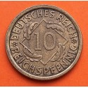 @ESCASA@ ALEMANIA 10 REICHSPFENNIG 1933 J CEREALES República del WEIMAR KM.40 MONEDA DE LATON MBC+ Germany