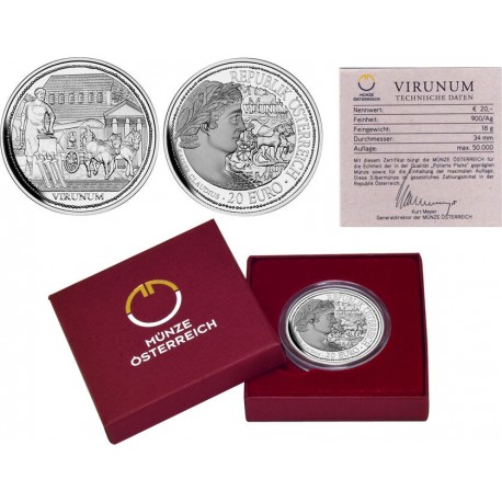 AUSTRIA 20 EUROS 2010 CARRUAJE ROMANO Emperador CLAUDIO Ruinas de VIRUNUM MONEDA DE PLATA ESTUCHE Österreich