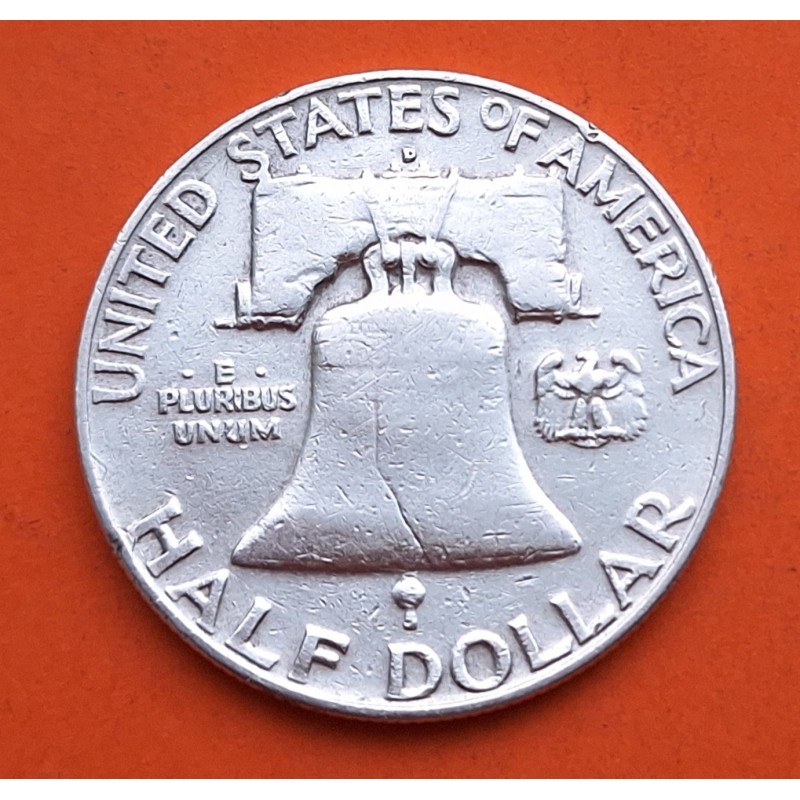 ESTADOS UNIDOS 1/2 DOLAR 1958 D BENJAMIN FRANKLIN y CAMPANA KM.163 MONEDA DE PLATA MBC USA Half silver dollar R/1
