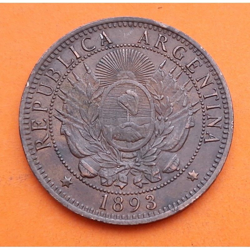 ARGENTINA 2 CENTAVOS 1893 DAMA LIBERTAD KM.33 MONEDA DE BRONCE MBC Latin Monetary Union