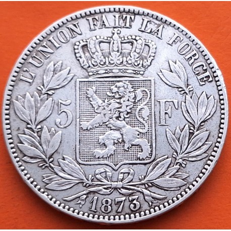 BELGICA 5 FRANCOS 1873 Rey LEOPOLDO II DES BELGES KM.24 MONEDA DE PLATA MBC- Belgium silver 5 Francs