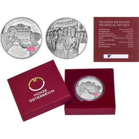 AUSTRIA 20 EUROS 2016 VIENA OPERA BALL @COLORES@ PLATA PROOF ESTUCHE y CERTIFICADO MONEDA CONMEMORATIVA COIN ÖSTERREICH