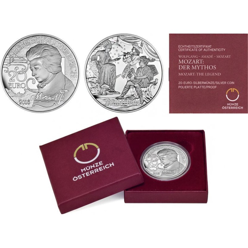 . @ESCASA@ AUSTRIA 20 EUROS 2016 MUSICO WOLFGANG AMADEUS MOZART Mythos MONEDA DE PLATA PROOF ESTUCHE Österreich