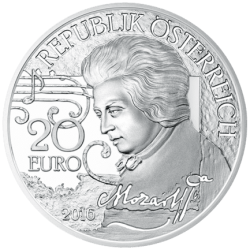 . @ESCASA@ AUSTRIA 20 EUROS 2016 MUSICO WOLFGANG AMADEUS MOZART Mythos MONEDA DE PLATA PROOF ESTUCHE Österreich