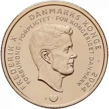 . 1ª MONEDA DEL REY de DINAMARCA FREDERIK X - 20 KRONER 2024 REINA MARGARITA II ENTREGA SU TRONO LATÓN SC Denmark Margrethe