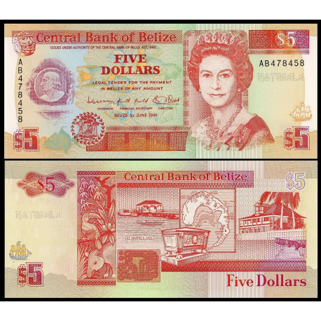 @ESCASO@ BELIZE 5 DOLARES 1991 CAYO DE SAN JORGE y ATAUD CEREMONIAL Reina ISABEL II Pick 53B BILLETE SC $5 Dollars UNC BANKNOTE