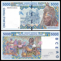 @RARO@ BURKINA FASO 5000 FRANCOS 1994 HECHICERO Pick 313CC Letra C BILLETE SC West African States 5000 Francs UNC BANKNOTE