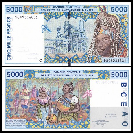 @RARO@ BURKINA FASO 5000 FRANCOS 1994 HECHICERO Pick 313CC Letra C BILLETE SC West African States 5000 Francs UNC BANKNOTE