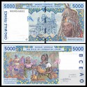 @RARO@ BURKINA FASO 5000 FRANCOS 1994 HECHICERO Pick 313CC Letra C BILLETE SC West African States 5000 Francs UNC BANKNOTE