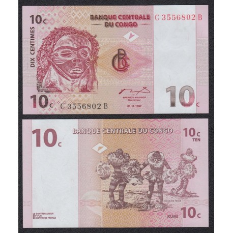 CONGO 10 CENTIMOS 1997 MASCARA y DANZA TRIBAL Pick 82 BILLETE SC Africa UNC BANKNOTE