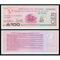 @BONO DE CANCELACIÓN DE DEUDAS@ ARGENTINA 100 AUSTRALES 1991 Provincia de TUCUMAN Pick S.2715 BILLETE SC UNC BANKNOTE