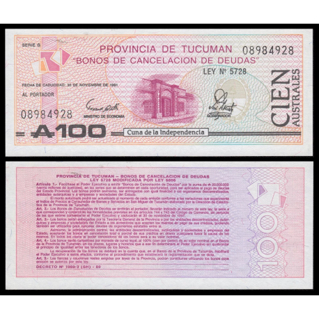 @BONO DE CANCELACIÓN DE DEUDAS@ ARGENTINA 100 AUSTRALES 1991 Provincia de TUCUMAN Pick S.2715 BILLETE SC UNC BANKNOTE