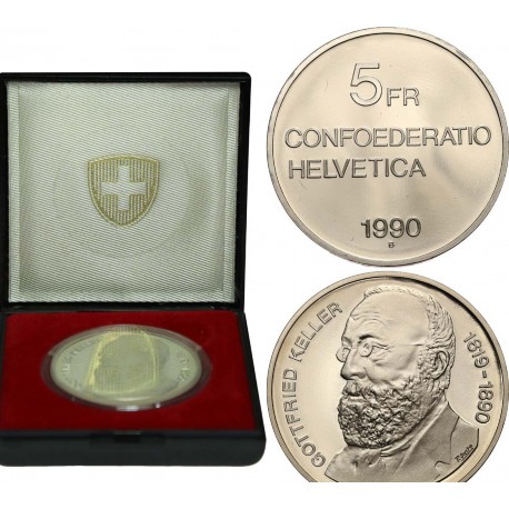 @PROOF - ESTUCHE@ SUIZA 5 FRANCOS 1990 GOTTFRIED KELLER KM.69 MONEDA DE NICKEL Switzerland 5 Francs SET