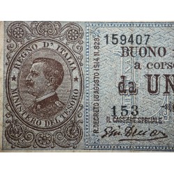 . @PVP NUEVO 250€@ ITALIA 1 LIRA 1914 Agosto 20 REY EMMANUEL III Tamaño pequeño Pick 33 BILLETE MUY CIRCULADO