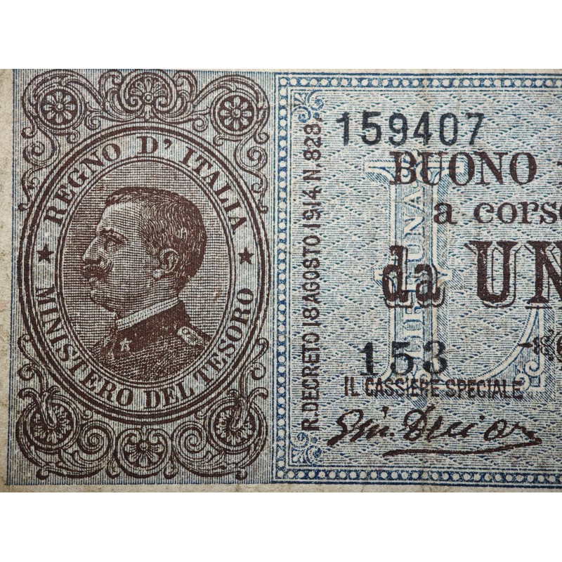 . @PVP NUEVO 250€@ ITALIA 1 LIRA 1914 Agosto 20 REY EMMANUEL III Tamaño pequeño Pick 33 BILLETE MUY CIRCULADO