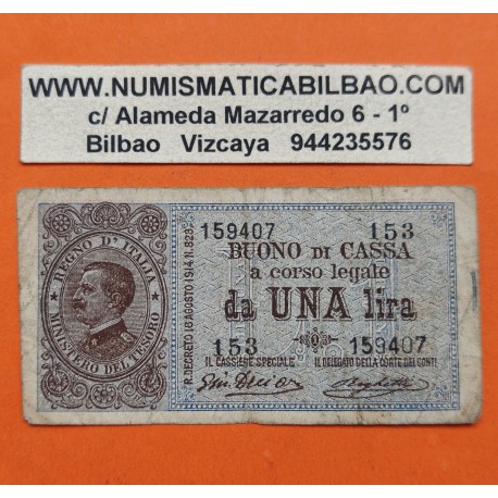 . @PVP NUEVO 250€@ ITALIA 1 LIRA 1914 Agosto 20 REY EMMANUEL III Tamaño pequeño Pick 33 BILLETE MUY CIRCULADO