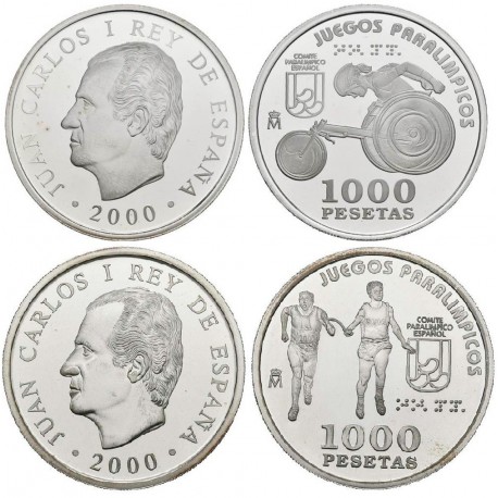 . 2 monedas + CÁPSULAS x ESPAÑA 1000 PESETAS 2000 JUEGOS PARALIMPICOS DE SIDNEY ATLETISMO CIEGOS + SILLA PLATA NO ESTUCHE
