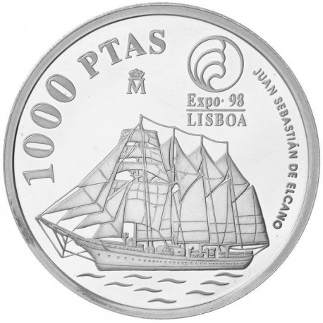 . 1 moneda + CÁPSULA x ESPAÑA 1000 PESETAS 1998 EXPO DE LISBOA BARCO JUAN SEBASTIAN ELCANO MONEDA DE PLATA PROOF NO ESTUCHE FNMT