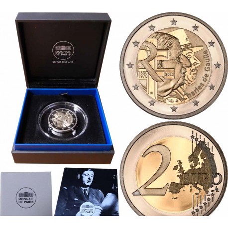. @PROOF@ FRANCIA 2 EUROS 2020 GENERAL CHARLES DE GAULLE 1ª MONEDA CONMEMORATIVA ESTUCHE y CERTIFICADO France coin