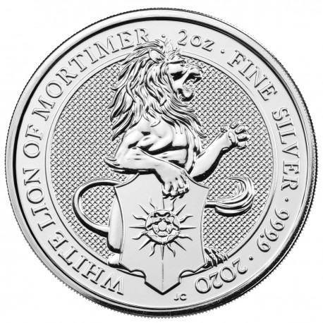 . 8ª moneda x INGLATERRA 5 LIBRAS 2020 Serie QUEEN'S BEASTS WHITE LION OF MORTIMER 2 ONZAS de PLATA PURA 9999 Oz LEON