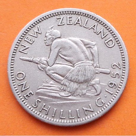 NUEVA ZELANDA 1 SHILLING 1952 ABORIGEN CON LANZA Rey JORGE VI KM.27.2 MONEDA DE NICKEL MBC+ New Zealand