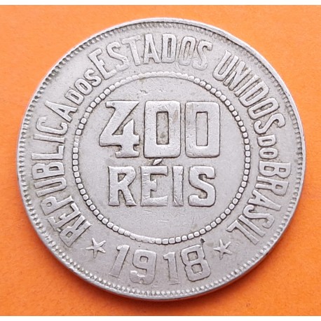 BRASIL 400 REIS 1918 ALEGORIA y VALOR KM.520 MONEDA DE NICKEL MBC República de los Estados Unidos do BRAZIL