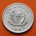 CONGO 1 LIKUTA 1967 LEON y LANZAS KM.8 MONEDA DE ALUMINIO MBC+ Banco Nacional