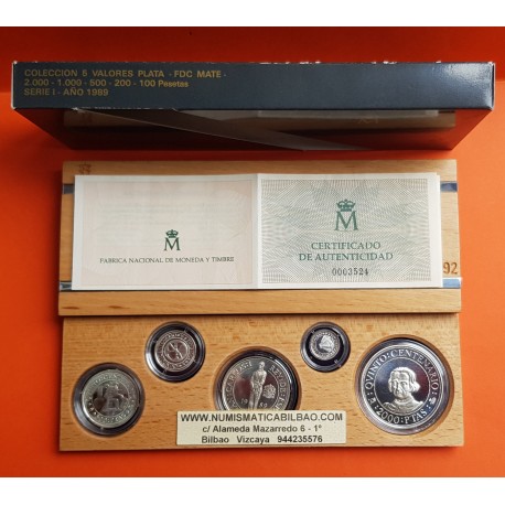 ESPAÑA V CENTENARIO 100+200+500+1000+2000 PESETAS 1989 PLATA PROOF 1ª SERIE 5 VALORES QUINTO ESTUCHE y CERTIFICADO