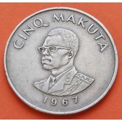 CONGO 5 MAKUTA 1967 DICTADOR MOBUTU y VALOR KM.9 MONEDA DE NICKEL MBC República Democrática