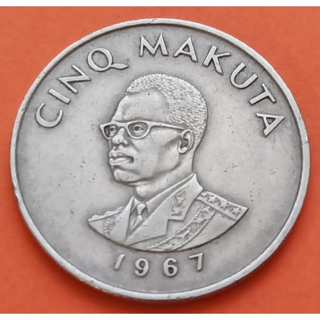CONGO 5 MAKUTA 1967 DICTADOR MOBUTU y VALOR KM.9 MONEDA DE NICKEL MBC República Democrática