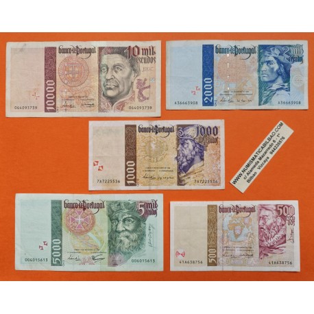 . @PVP NUEVOS 450€@ 5 Billetes x PORTUGAL 500 + 1000 + 2000 + 5000 + 10000 ESCUDOS 1996 y 1997 CARABELAS Pick 187/191 MBC-