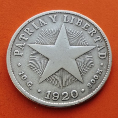 . @RARA@ CUBA 40 CENTAVOS 1920 ESTRELLA PATRIA y LIBERTAD KM.14 MONEDA DE PLATA MBC- Caribe silver