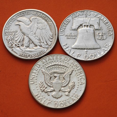 . 3 Monedas x ESTADOS UNIDOS 1/2 DOLAR 1945 D WALKING LIBERTY + 1959 D FRANKLIN + 1964 P KENNEDY PLATA MBC+ USA